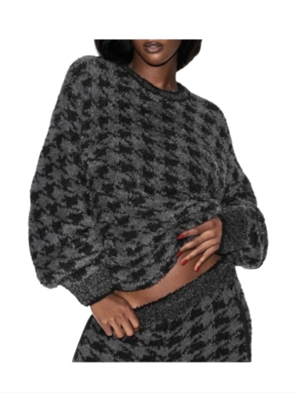 SKIMS Black and Gray Houndstooth Fuzzy Crewneck Sweater L/XL Cozy Soft Boucle